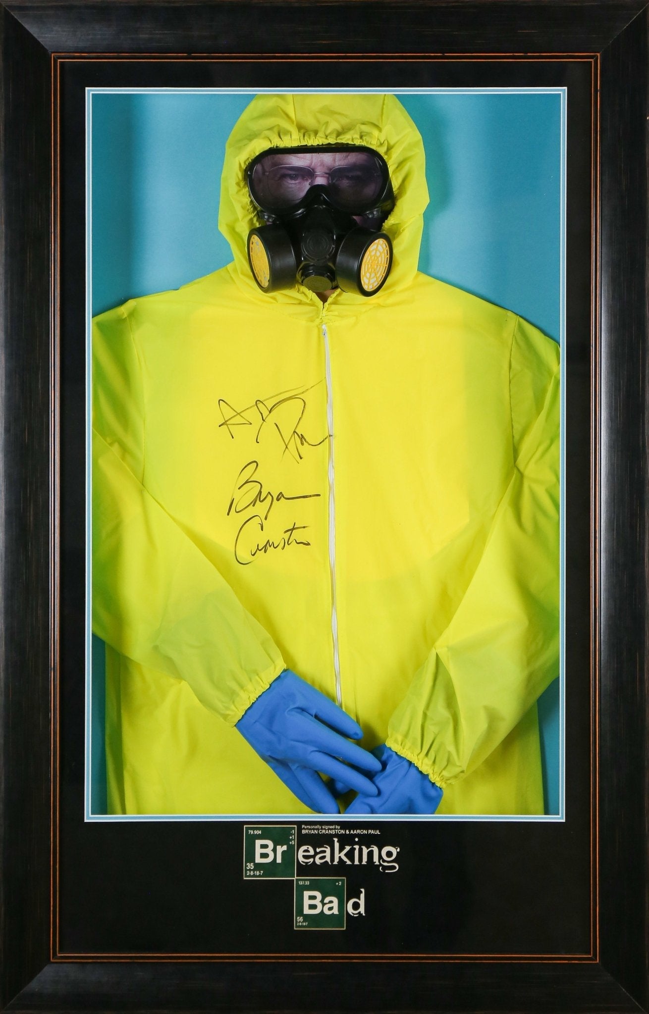Bryan Cranston and Aaron Paul Signed Breaking Bad Hazmat Suit Framed Display - Memorabilia Framers Shop